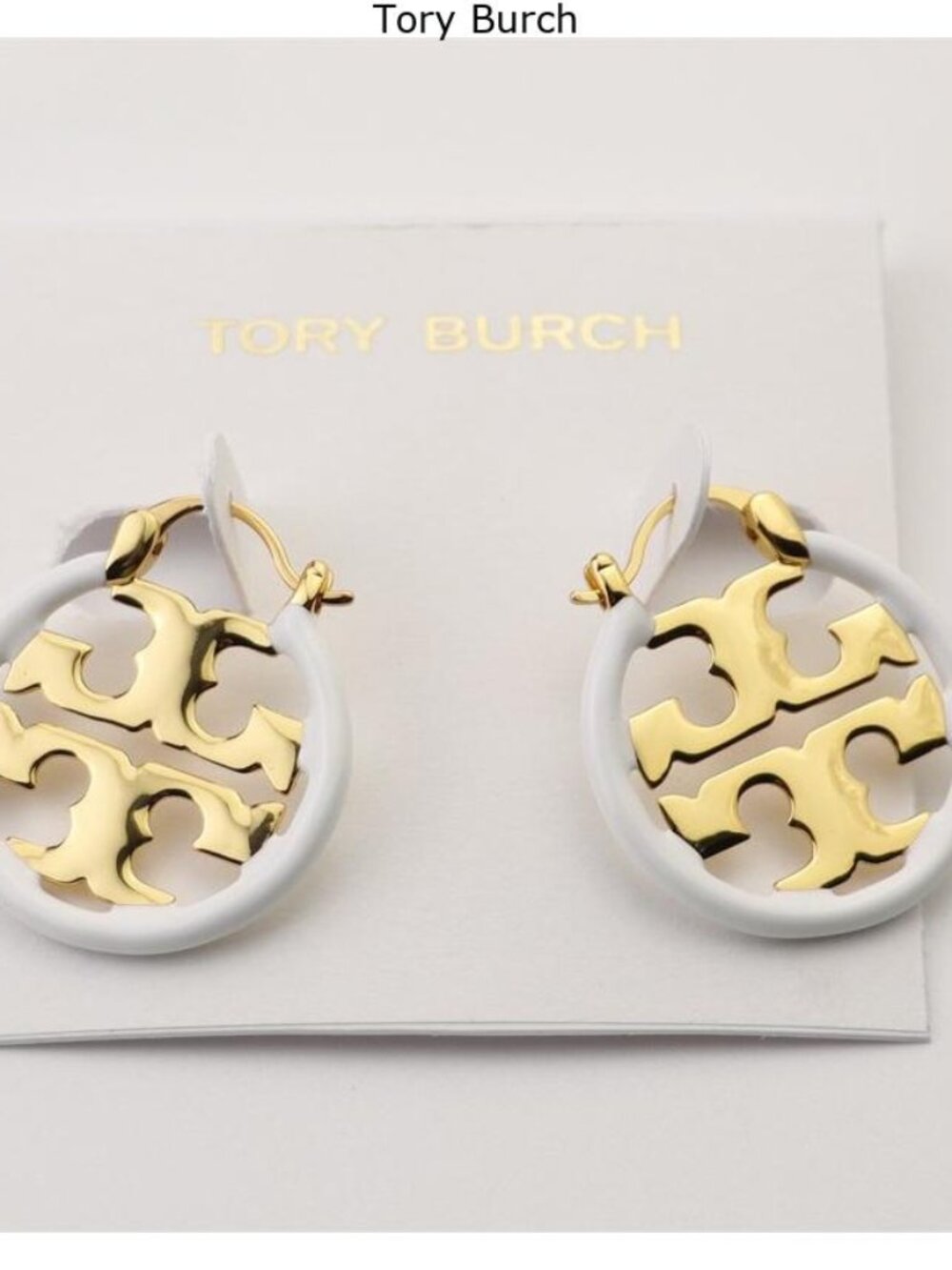 Tory Burch White and Gold Logo Hoop Earrings